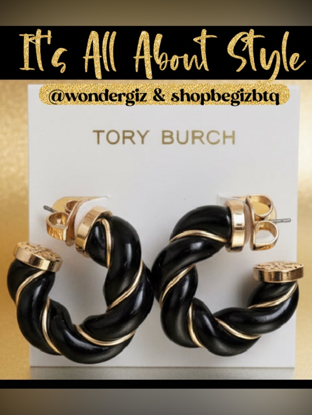NWT Authentic Tory Burch Black and Gold Textured Rope Hoop Earrings - Picture 11 of 13